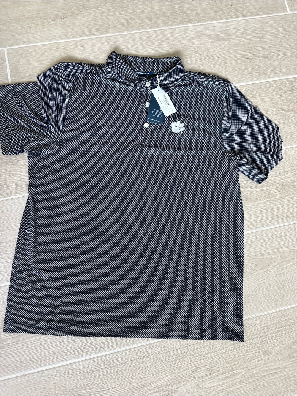 Men's Black Micro-Pattern Polo Shirt with White Clemson Logo